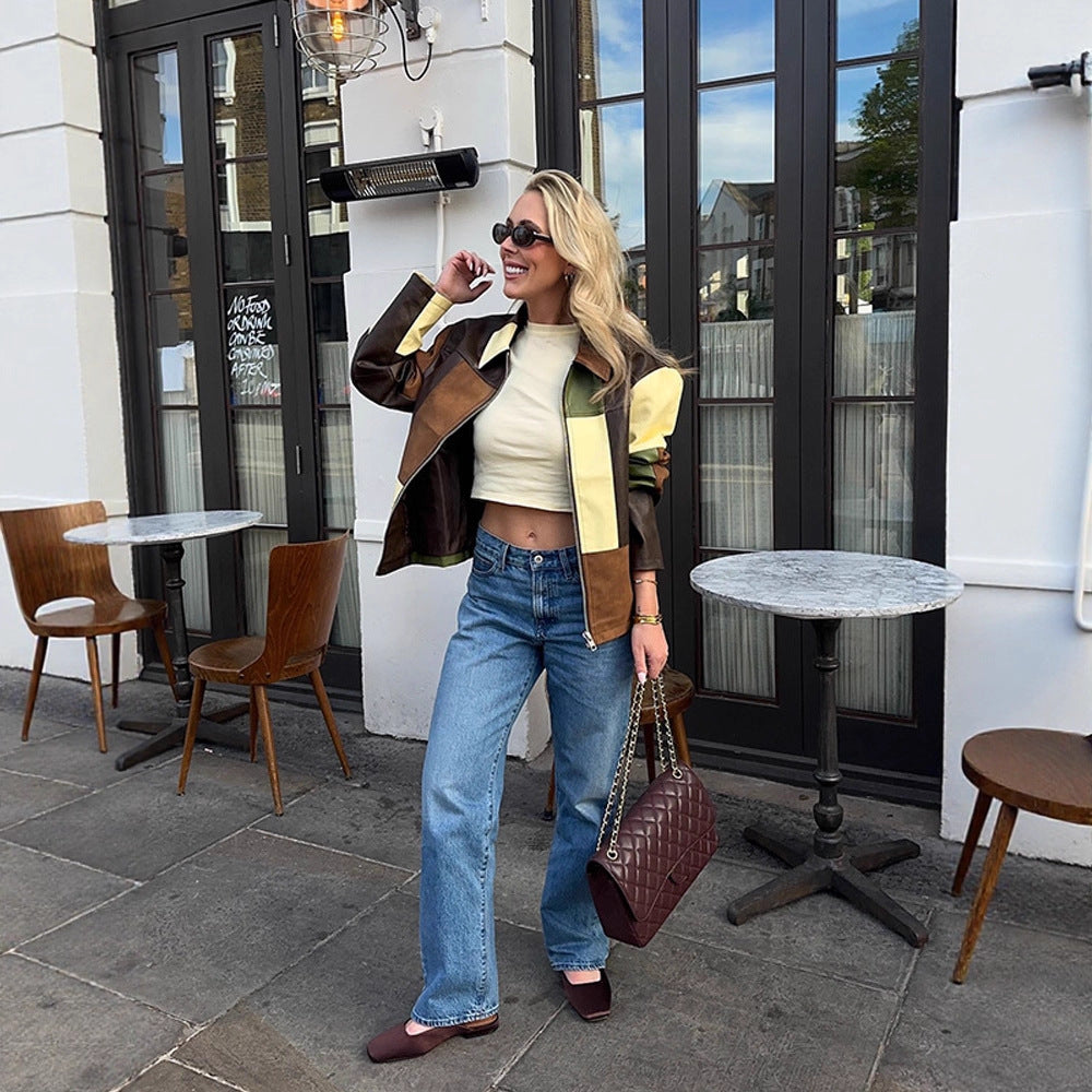 Women's Patchwork Leather Jacket with Zipper and Oversized Boxy Cut Amarae