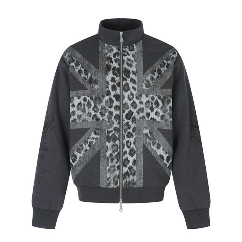 Women's Zip Sweat Jacket with Stand-Up Collar and Leopard Union Jack Print Amarae