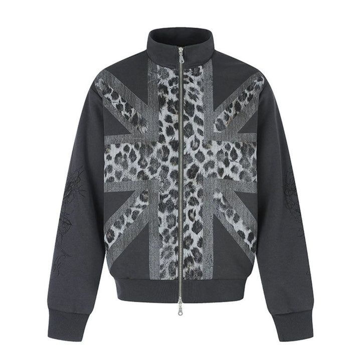 Women's Zip Sweat Jacket with Stand-Up Collar and Leopard Union Jack Print Amarae