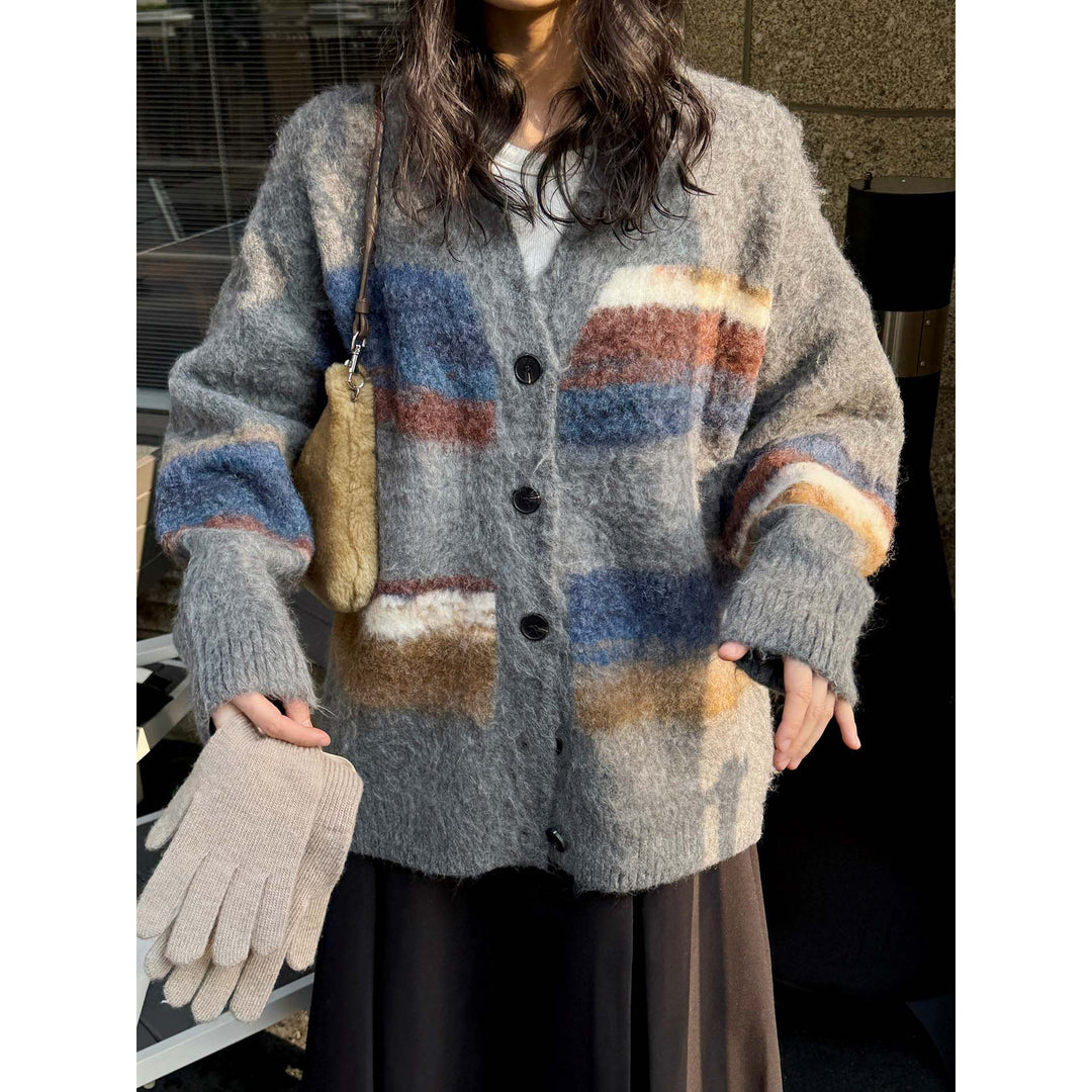 Women Cozy Mohair-Optics Checkered Button Cardigan with Oversize Silhouette Amarae