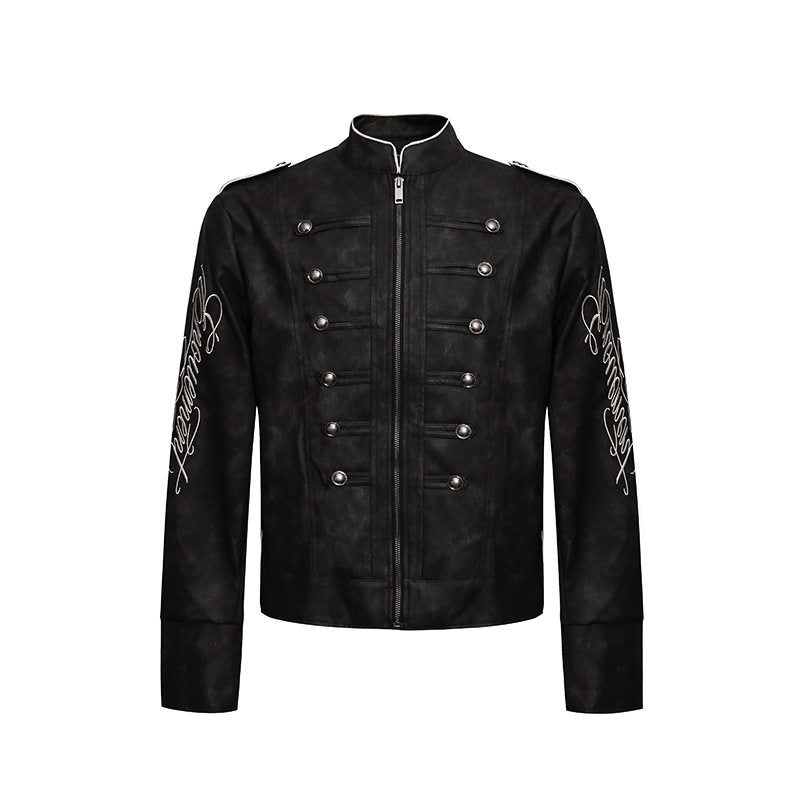 Men's military-inspired leather jacket with stand-up collar, decorative button rows, and embroidered sleeves Amarae