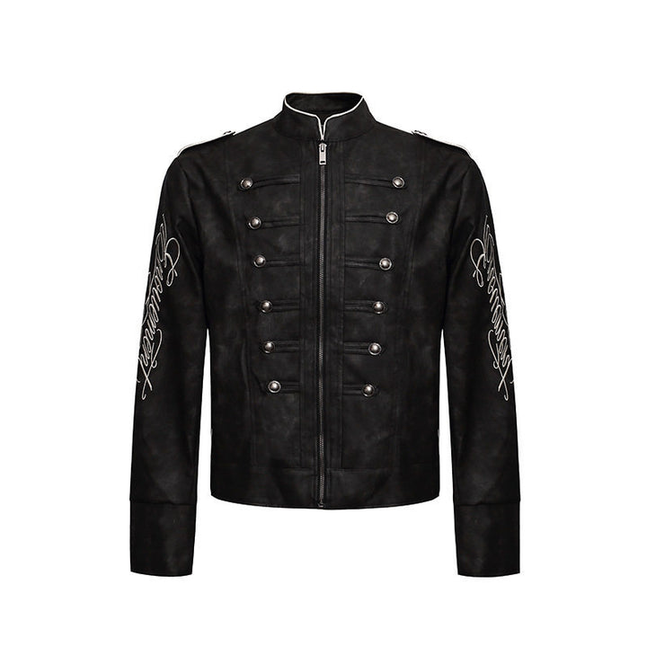 Men's military-inspired leather jacket with stand-up collar, decorative button rows, and embroidered sleeves Amarae