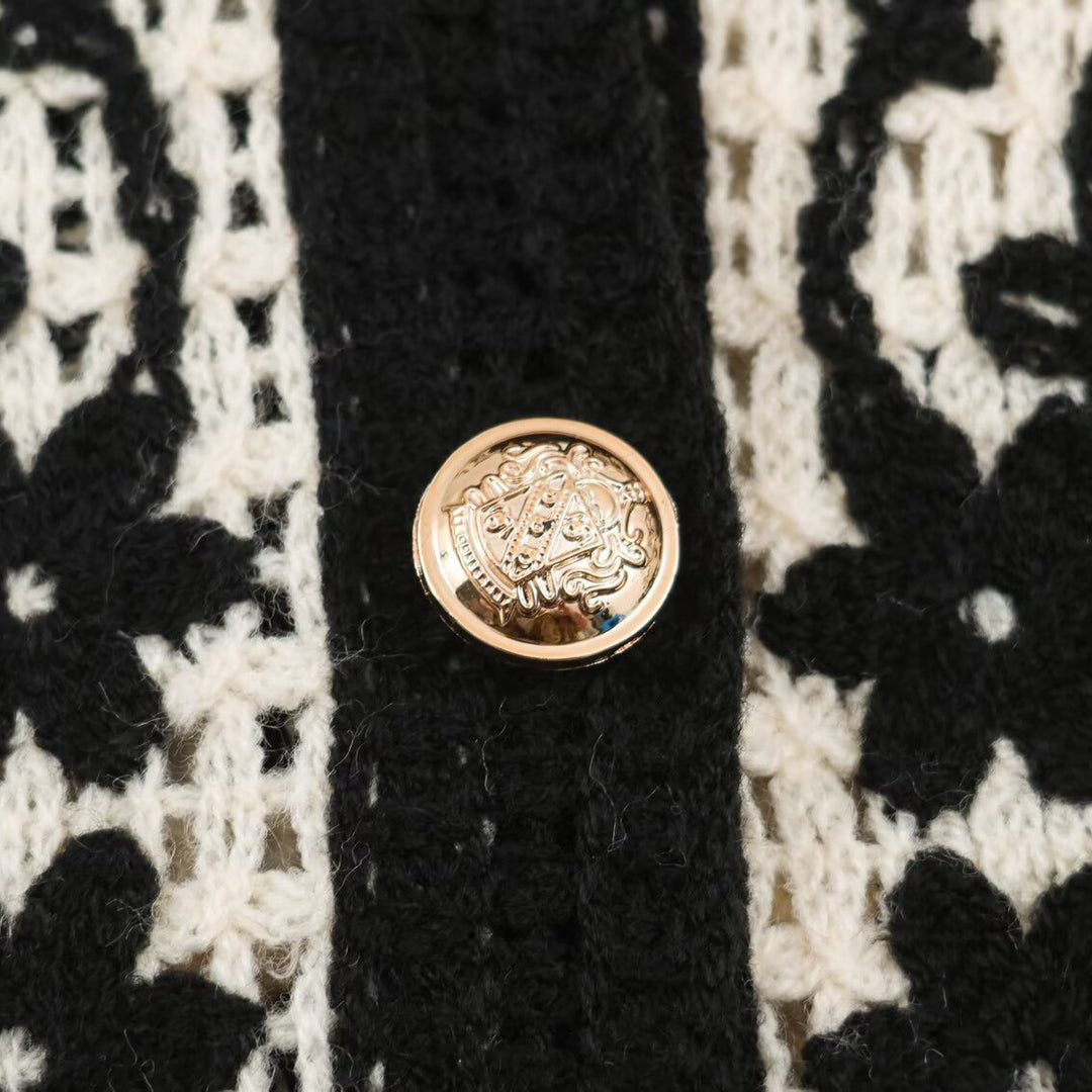 Women's Crocheted Boucle Cardigan with Three-Dimensional Flower Embroidery and Gold Accents Amarae