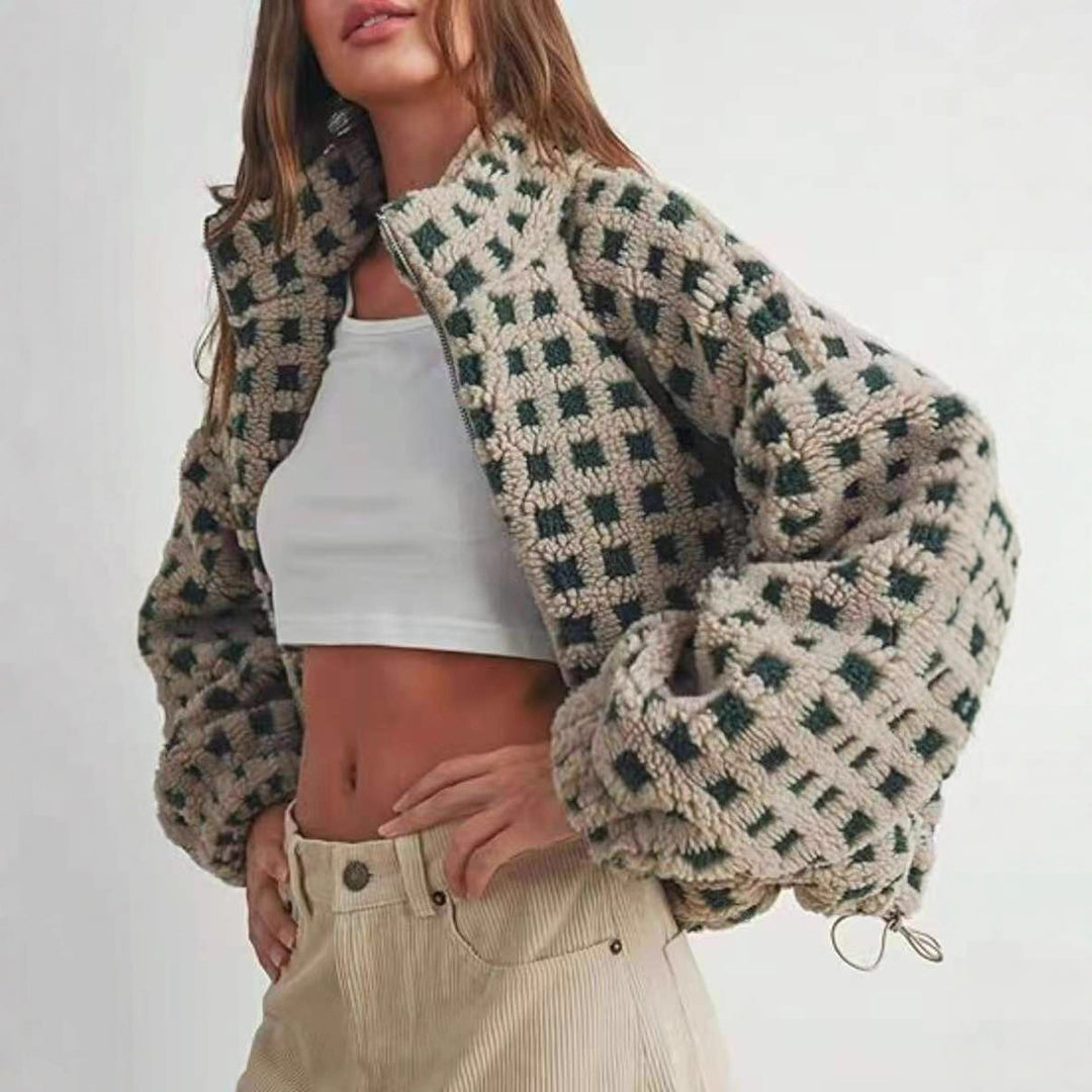 Ladies comfortable fleece jacket with modern check design Lune London