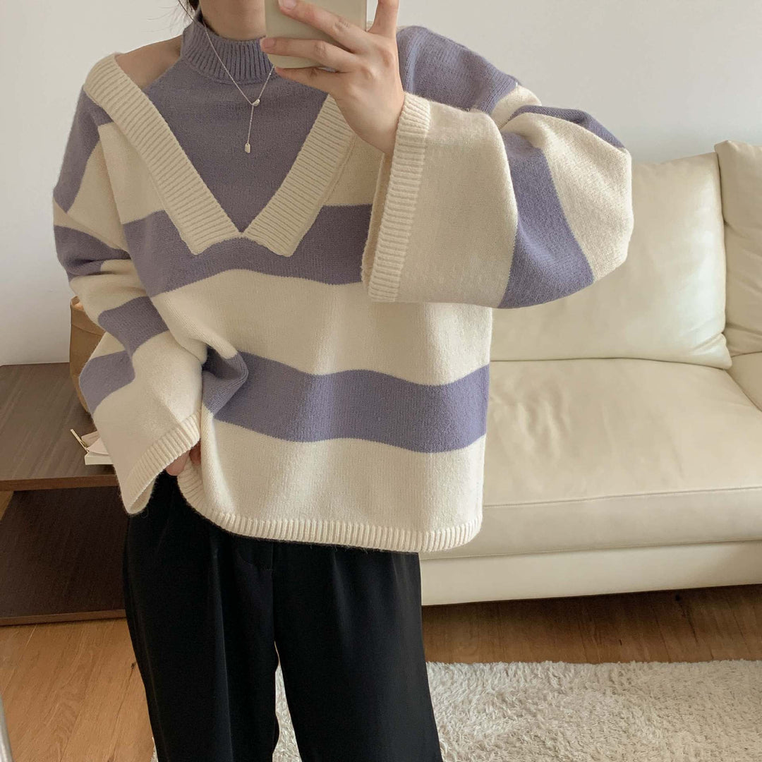 Pull décontracté pour femmes avec motif rayé moderne et découpes aux épaules Chic & Stil