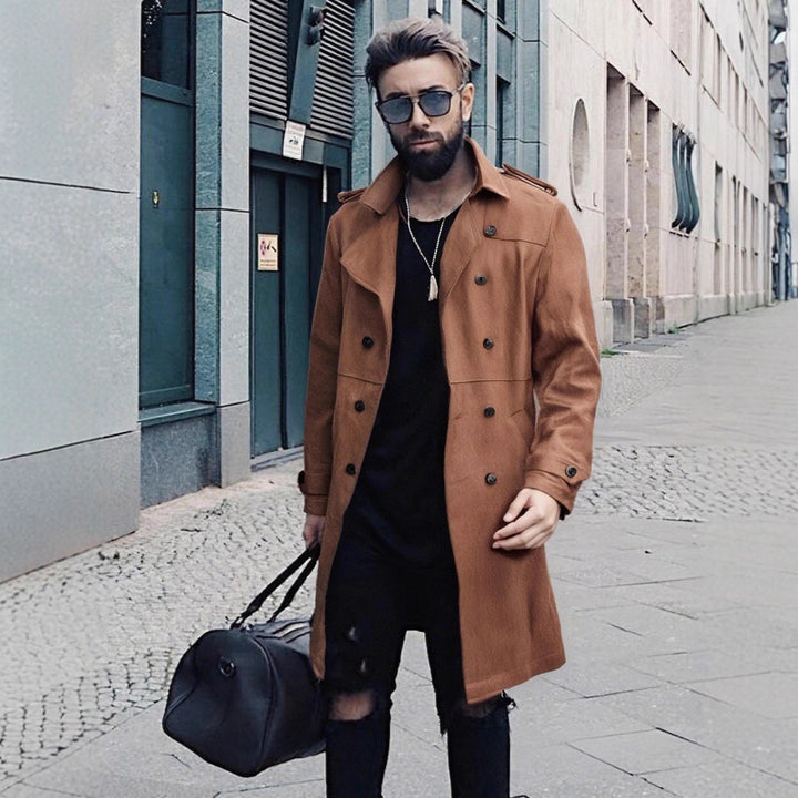 Elegant suede trench coat for men with double-breasted buttons and practical pockets Lune London