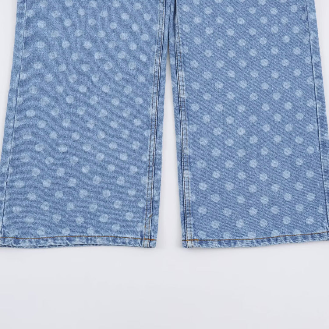 Women Short-Cut Wide-Leg Jeans with Polka Dot Pattern and High Waist Amarae
