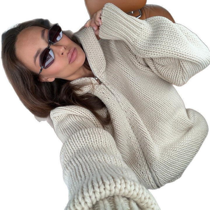 Women's chunky knit zip cardigan with high collar Amarae