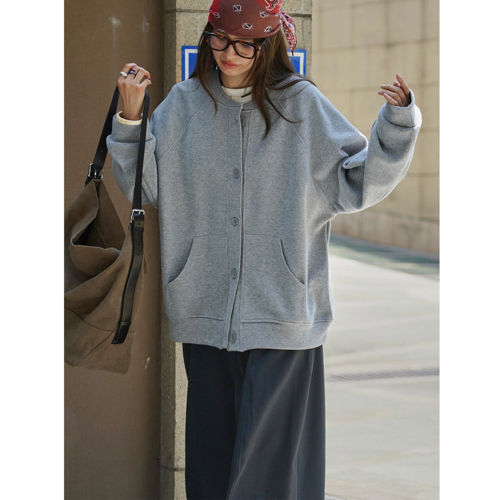 Women Loose Sweat Jacket Cardigan with Button Placket and Kangaroo Pocket Amarae