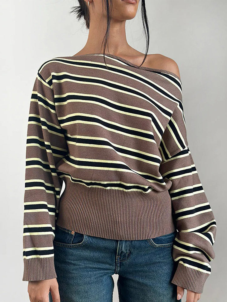 Women's fine knit boatneck pullover with asymmetrical shoulder drop, wide ribbed hem, and casual balloon sleeves Amarae
