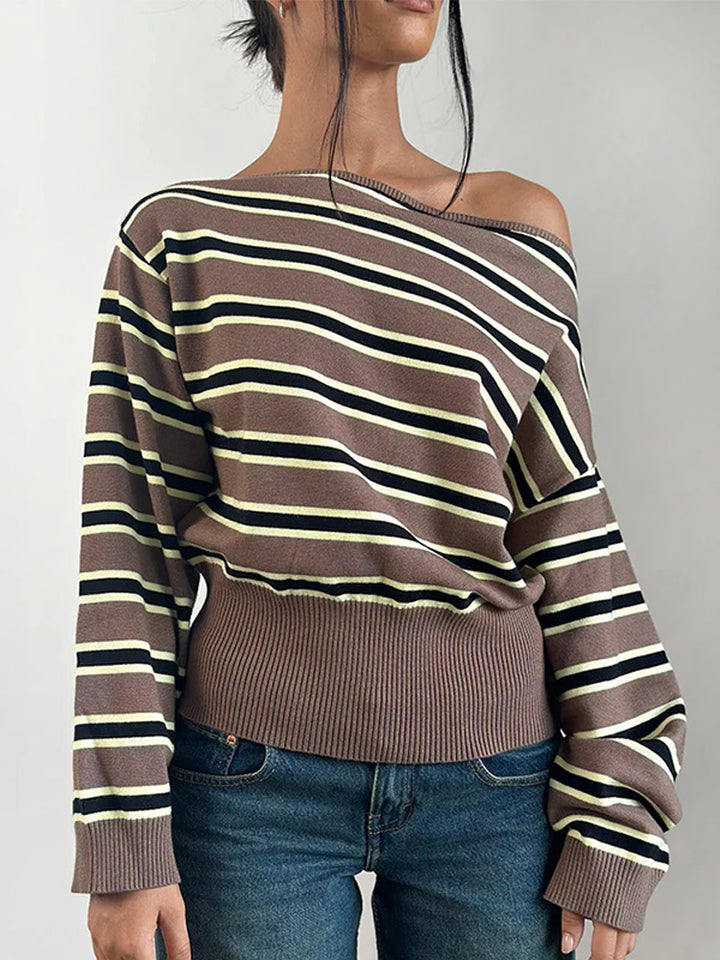 Women's fine knit boatneck pullover with asymmetrical shoulder drop, wide ribbed hem, and casual balloon sleeves Amarae