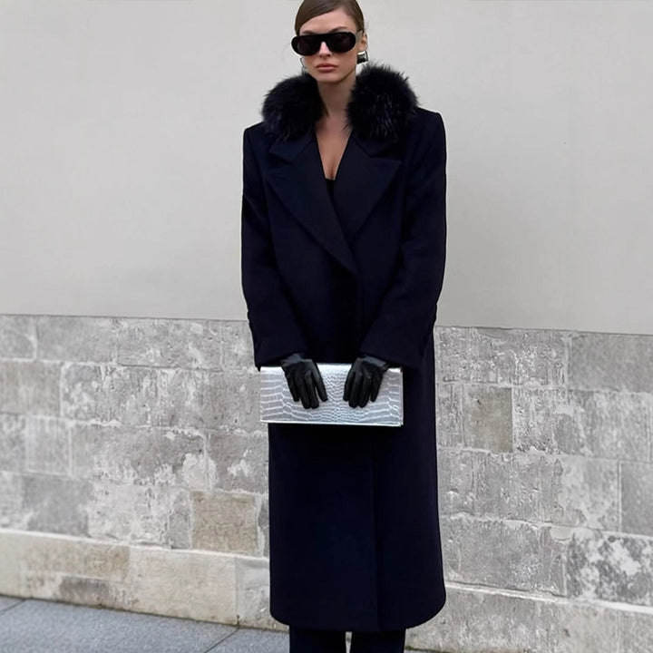 Women's long wool blend coat with generous faux fur shawl collar and oversized cut Amarae