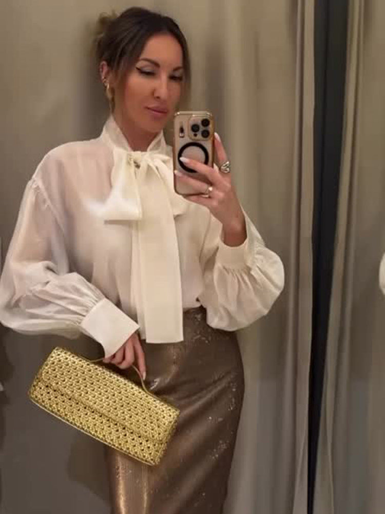 Women's Satin Bow Blouse with Balloon Sleeves & Wide Cuffs Amarae