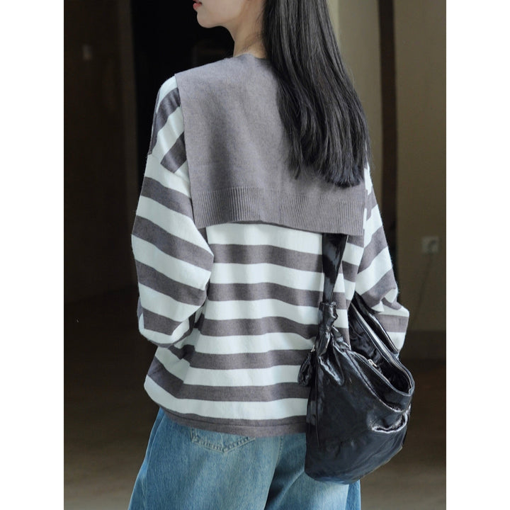 Women's Striped Cotton Fine Knit Sweater with Attached Knit Scarf Amarae