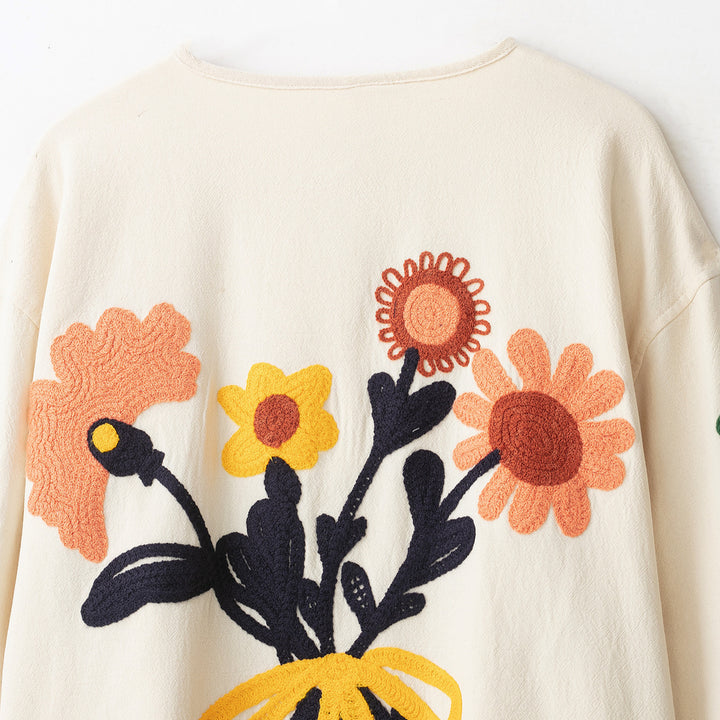 Women's Embroidered Oversized Cotton Jacket with Floral Decor and Button Placket Amarae