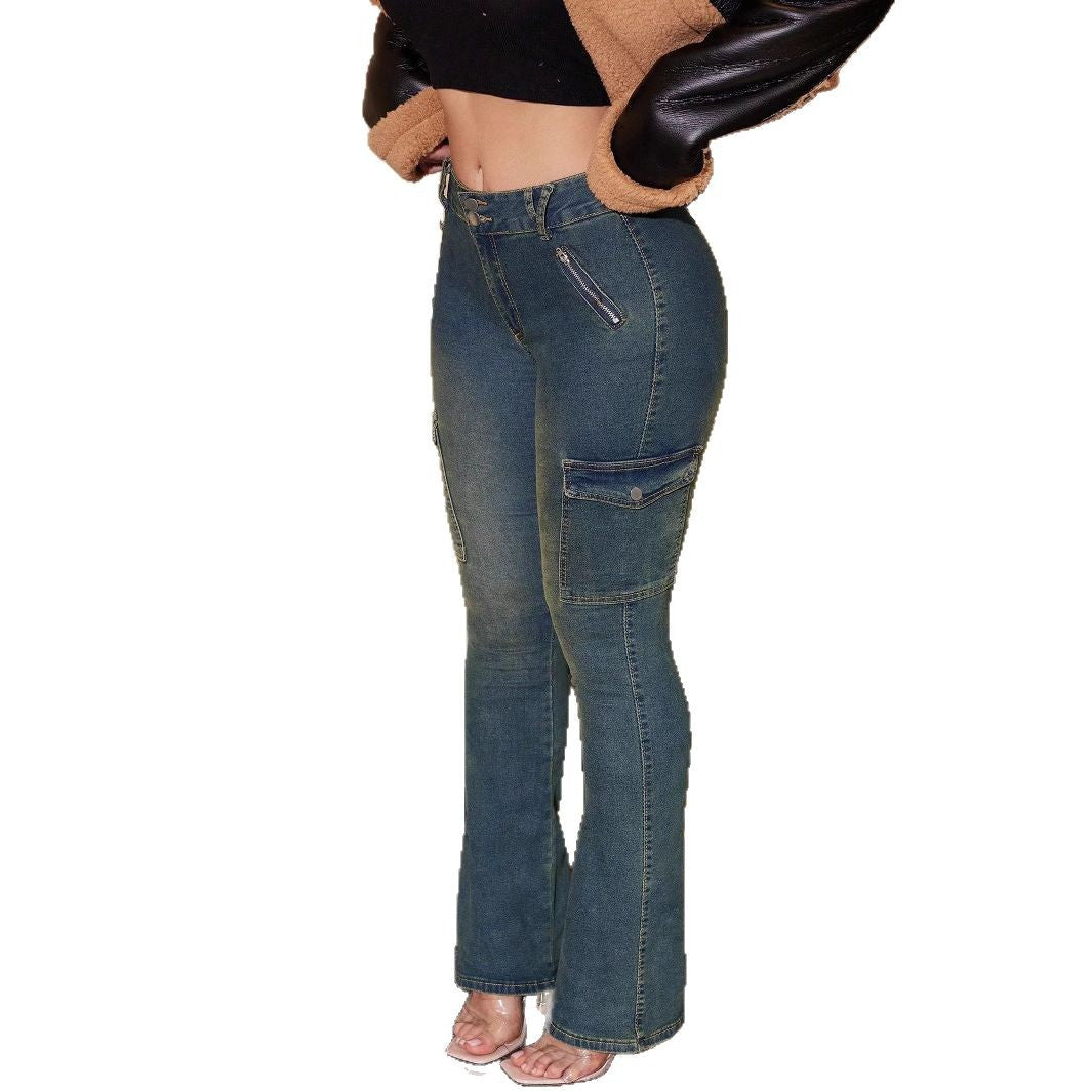 Ladies Cargo Flared Jeans with mid-rise waistband, decorative seams and patch pockets Amarae