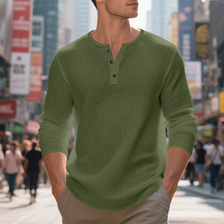 Casual long sleeve Henley T-shirt for men with textured design Lune London