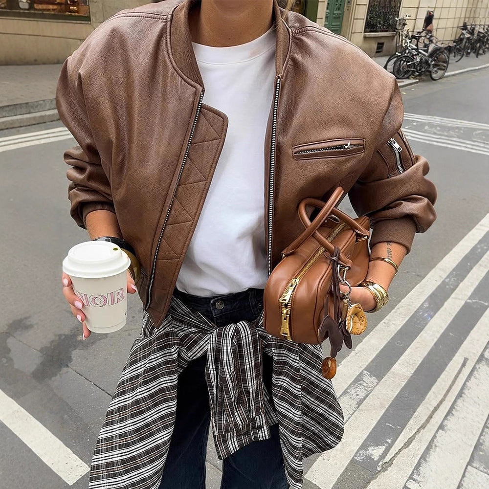 Women's Short Cut Faux Leather Bomber with Ribbed Collar, Zipper & Zip Chest Pocket Amarae