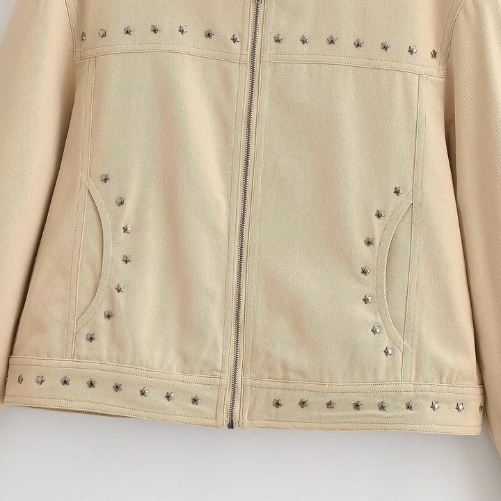 Women’s short-cut vegan leather jacket with stand-up collar, full-length zipper and star stud detail Amarae