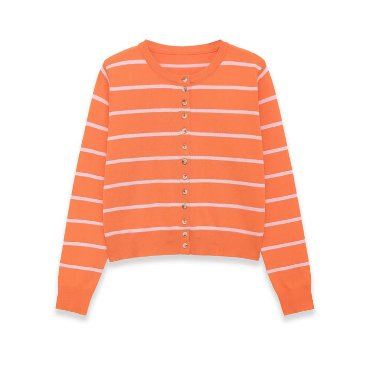 Women's Short-Cut Fine Knit Cardigan with Horizontal Stripes and Mother-of-Pearl Buttons Amarae