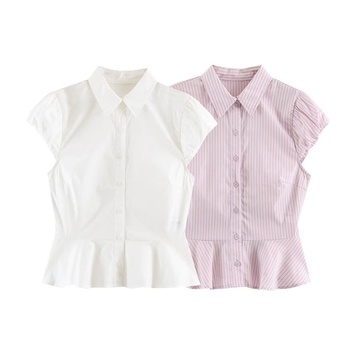 Women's Tailored Short Sleeve Blouse with Peplum, Shirt Collar and Fine Pinstripe Amarae