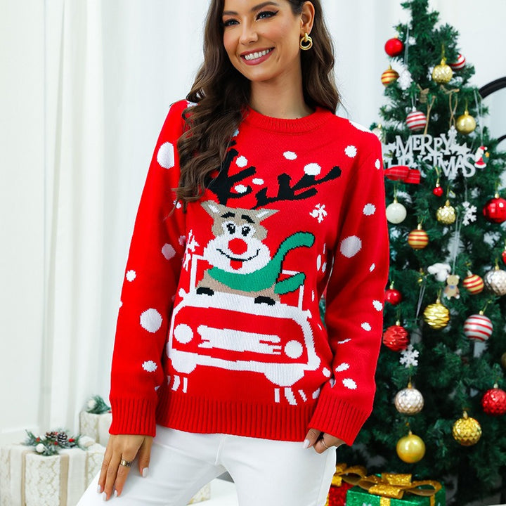 Christmas knit sweater for women with playful reindeer pattern and modern colors Lune London