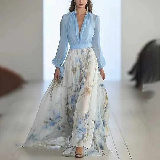 Lune London Elegant puff sleeve floral chiffon maxi dress for women