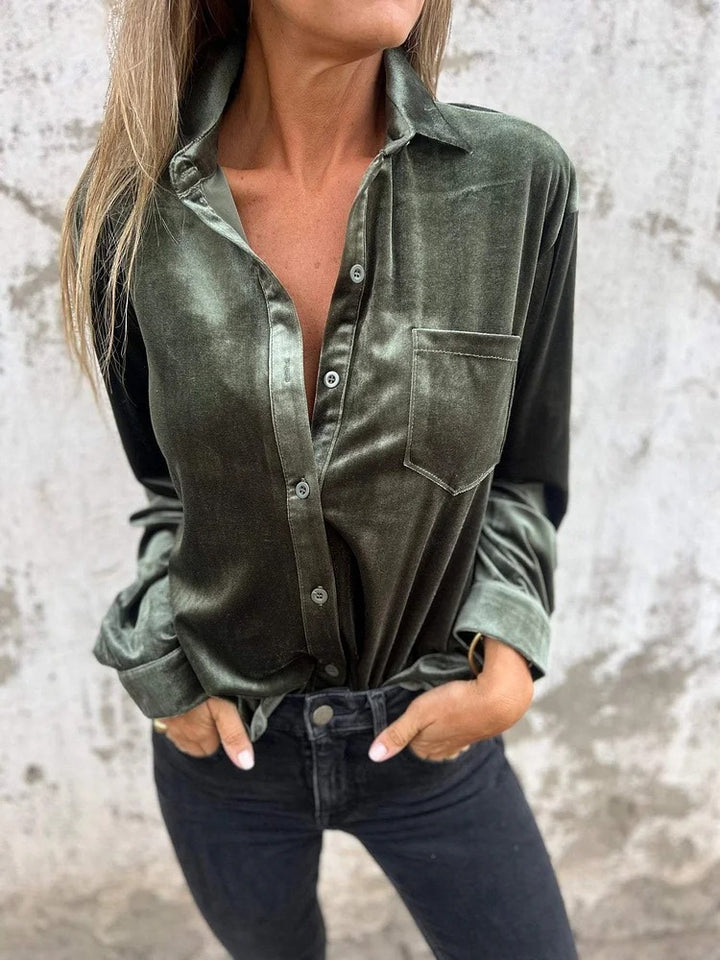 Women Elegant velvet blouse with classic shirt collar and long sleeves Lune London