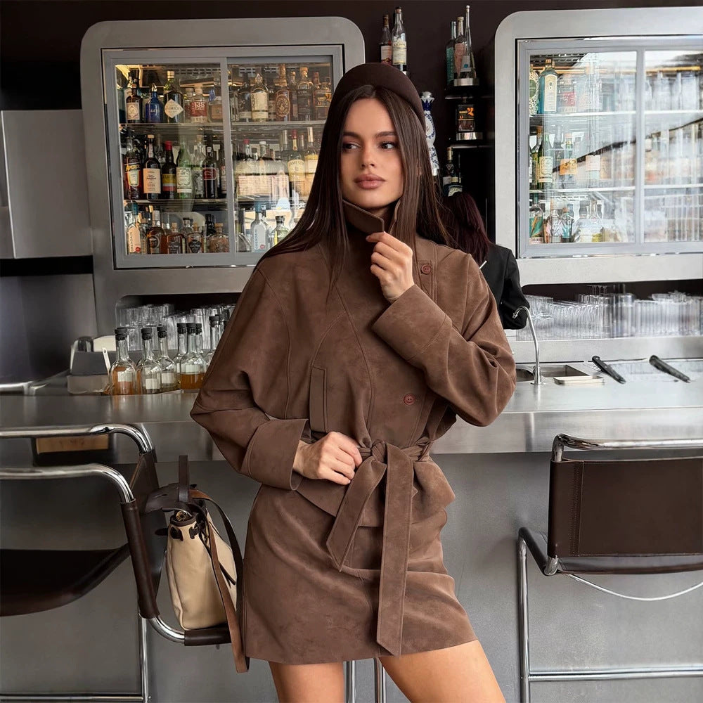 Women's Short Suede Set: Tailored Blouson with Stand Collar & Matching Mini Skirt Amarae
