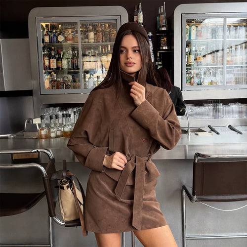 Women's Short Suede Set: Tailored Blouson with Stand Collar & Matching Mini Skirt Amarae