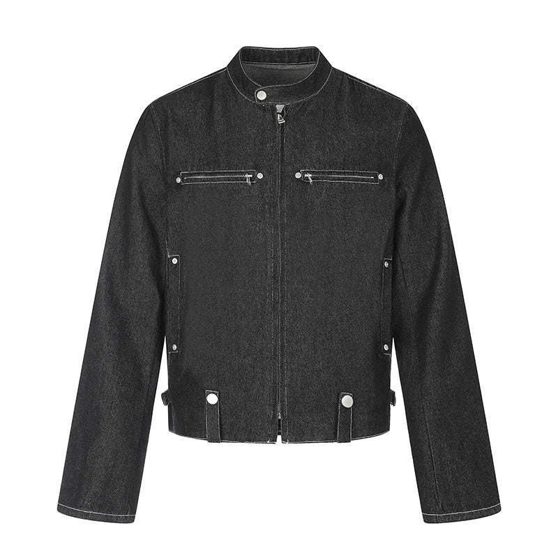 Women's short denim biker jacket with stand-up collar, zipper and snap button details Amarae