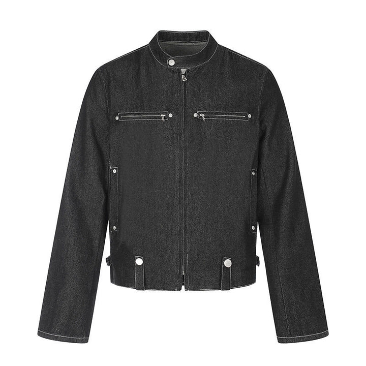 Women's short denim biker jacket with stand-up collar, zipper and snap button details Amarae