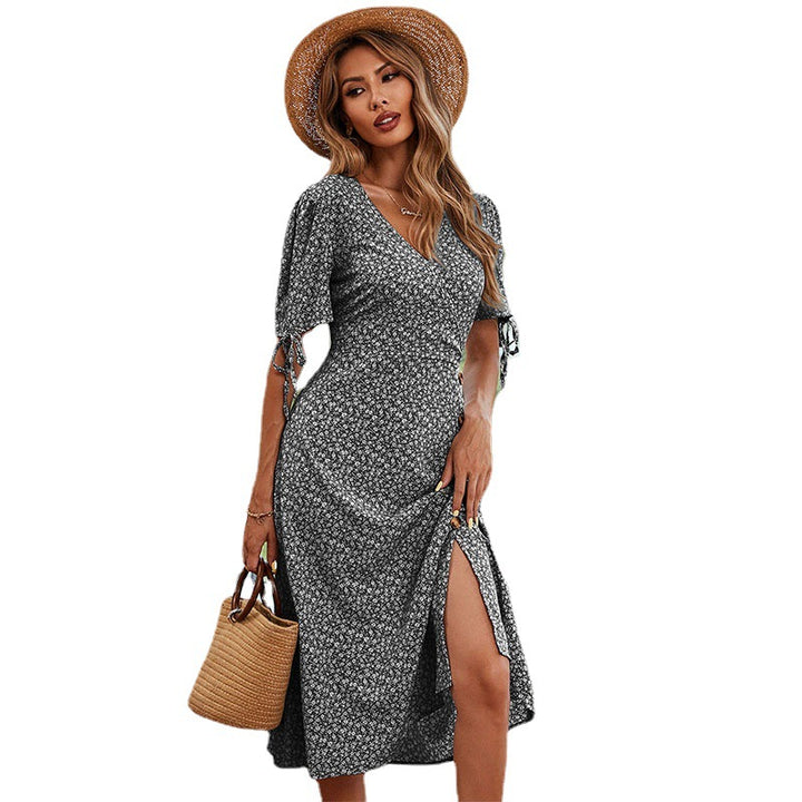 Floral midi dress with wrap neckline for women with tie details on the sleeves Lune London