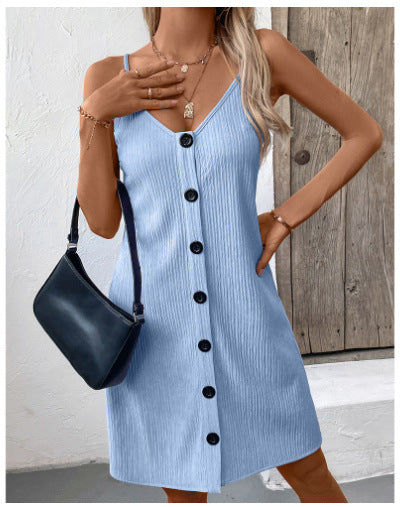 Sleeveless dress for women with fine ribbing and V-neck Lune London