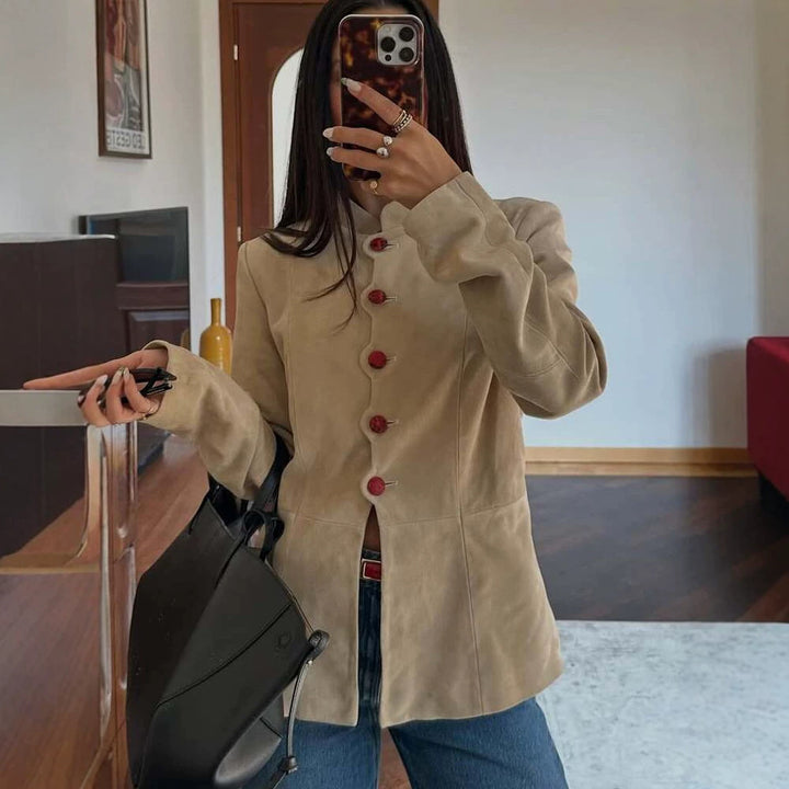 Women's Tailored Suede Blazer with Stand Collar and Decorative Buttons Amarae