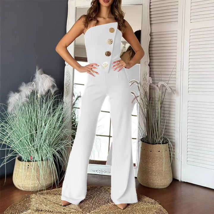 Ladies Elegant jumpsuit with off-shoulder design and decorative buttons Lune London