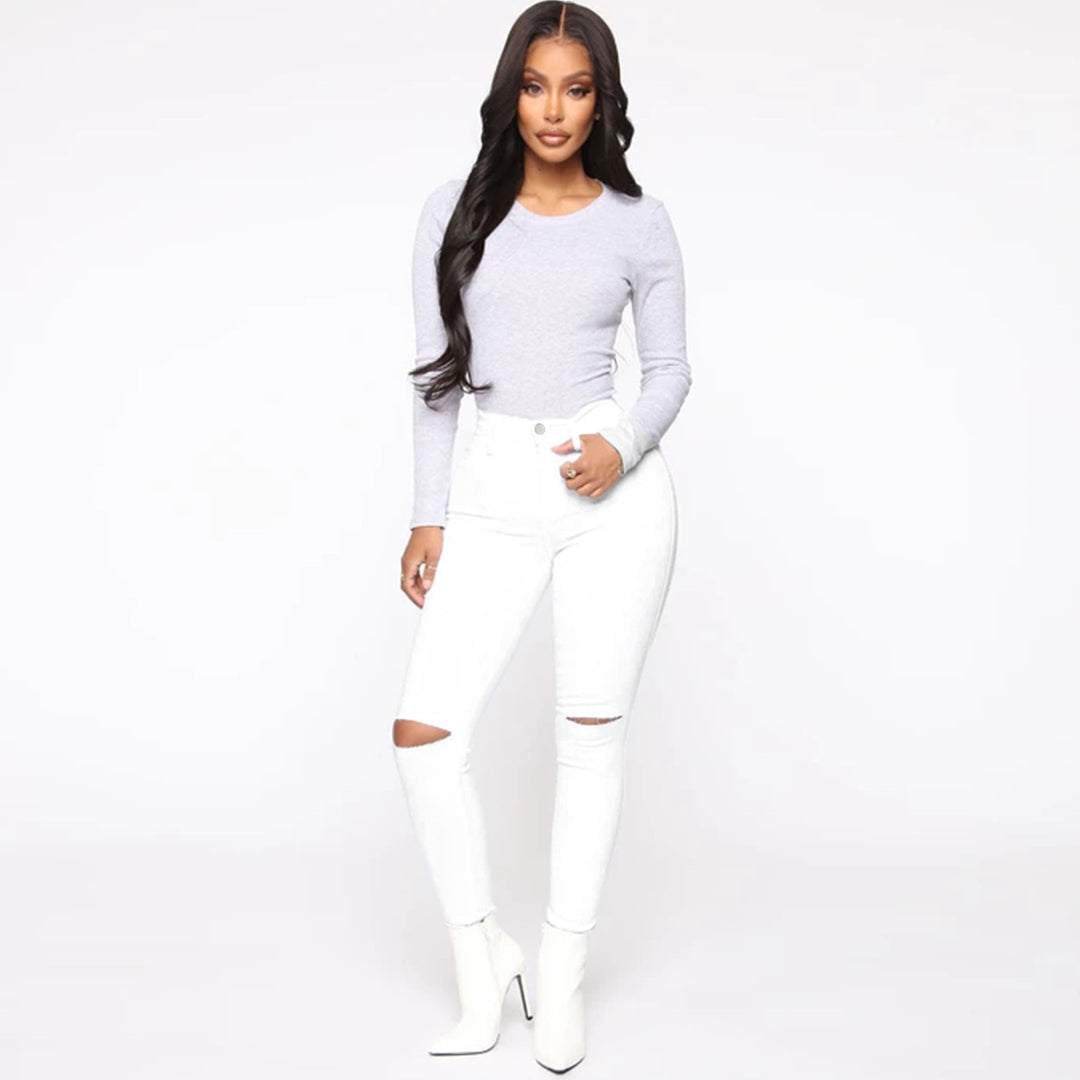 Women's High-Waist Skinny Jeans with Knee Rips and Figure-Flattering Cut Amarae