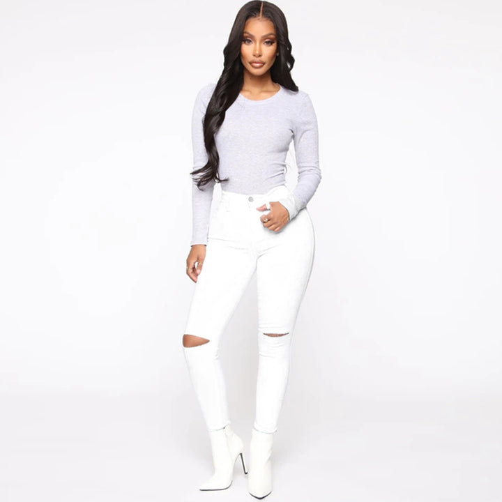Women's High-Waist Skinny Jeans with Knee Rips and Figure-Flattering Cut Amarae