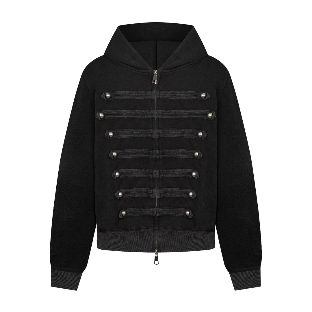 Ladies hooded sweat jacket in military style with decorative cords and metal buttons Amarae