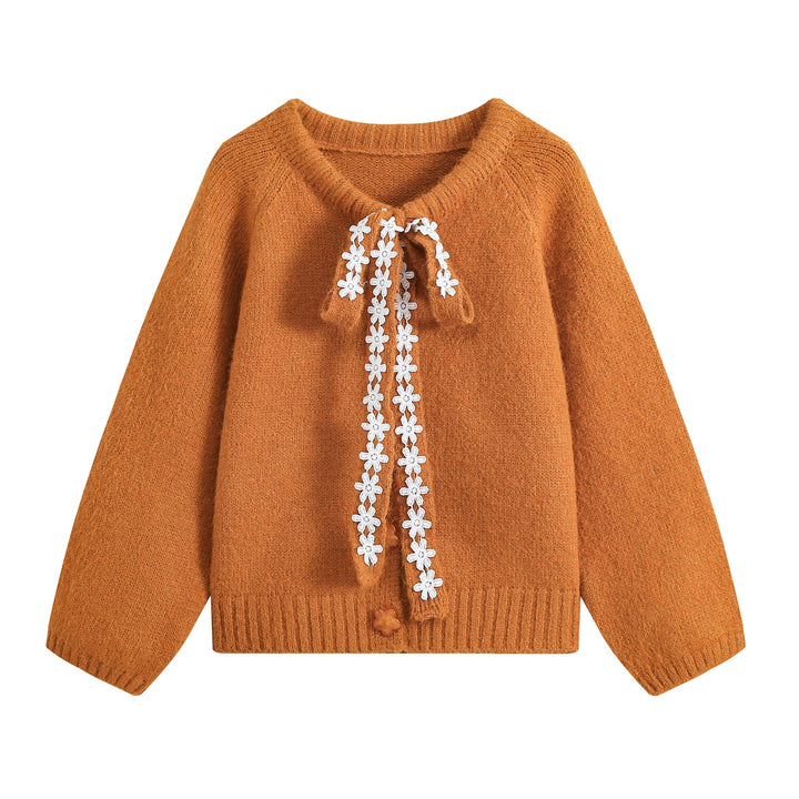 Women's chunky knit pullover with floral lace trim at the neckline Amarae