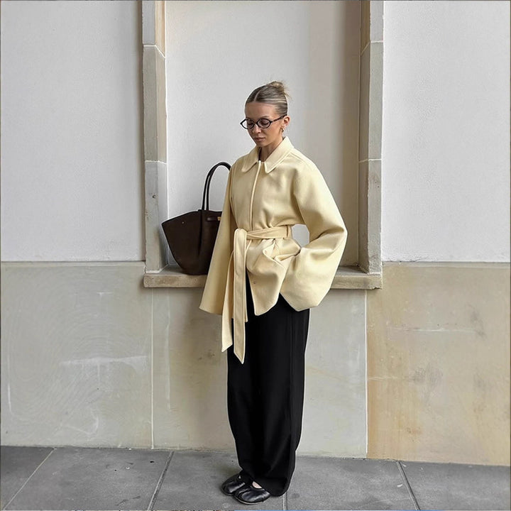 Women's short coat with tie belt, boxy oversized silhouette and wide sleeves Amarae