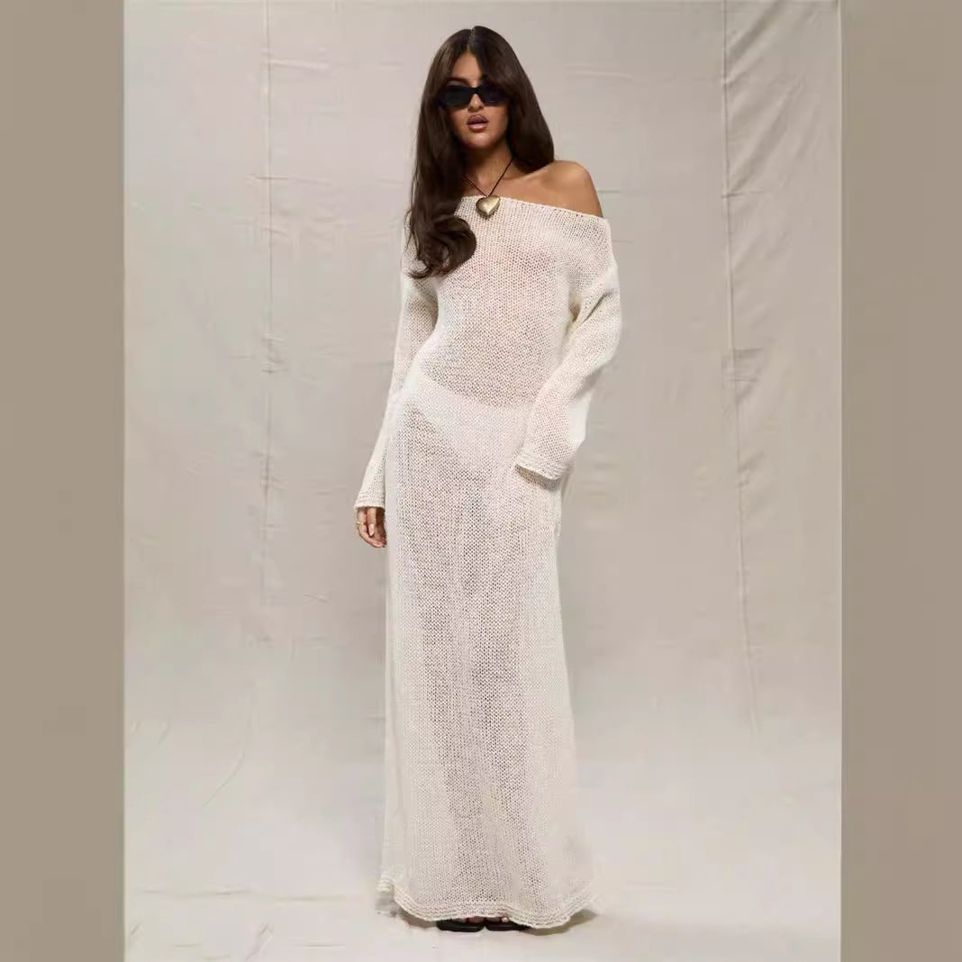 Maxi dress for women in lightweight crochet with off-shoulder design Lune London