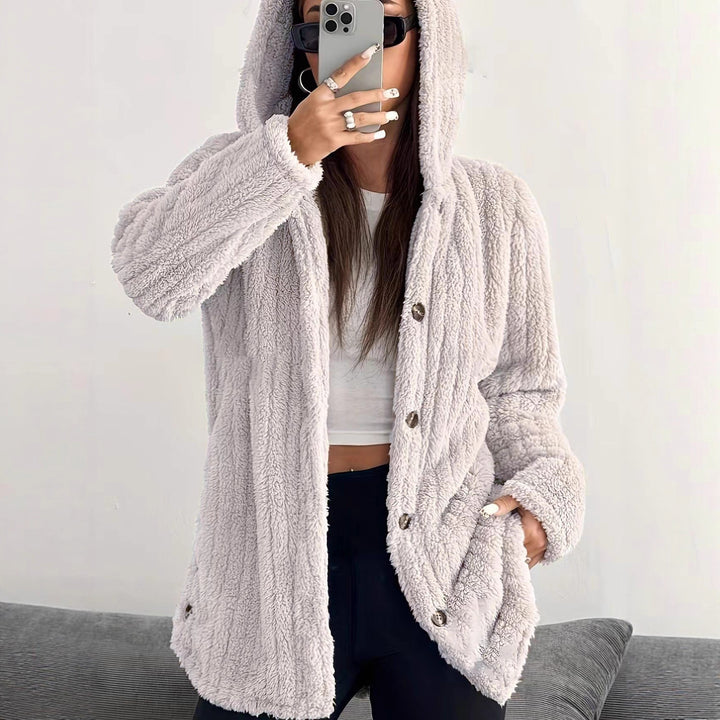 Fleece jacket for women with hood and buttoned design Lune London