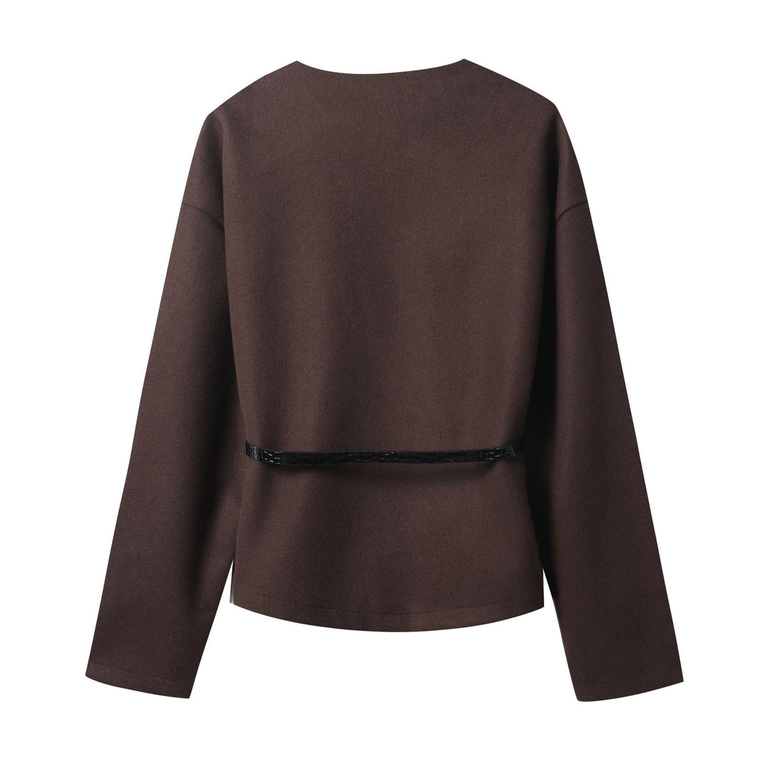 Women's short wrap coat made of wool blend with deep shawl collar and narrow waist belt Amarae
