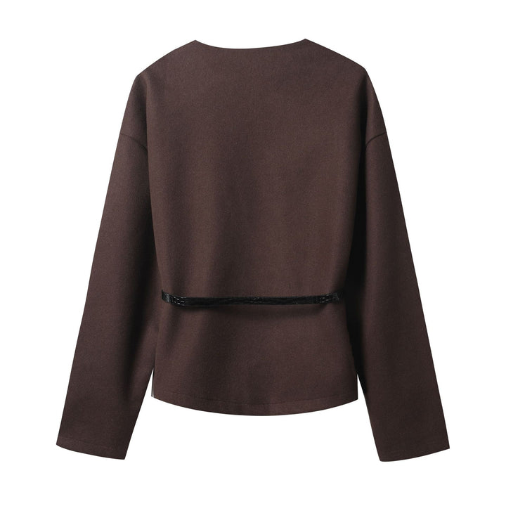 Women's short wrap coat made of wool blend with deep shawl collar and narrow waist belt Amarae