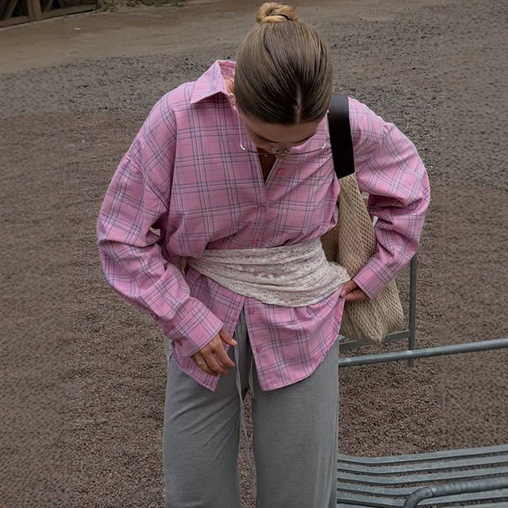 Women's Oversize checkered linen look blouse with shirt collar, full button placket & casual silhouette Amarae