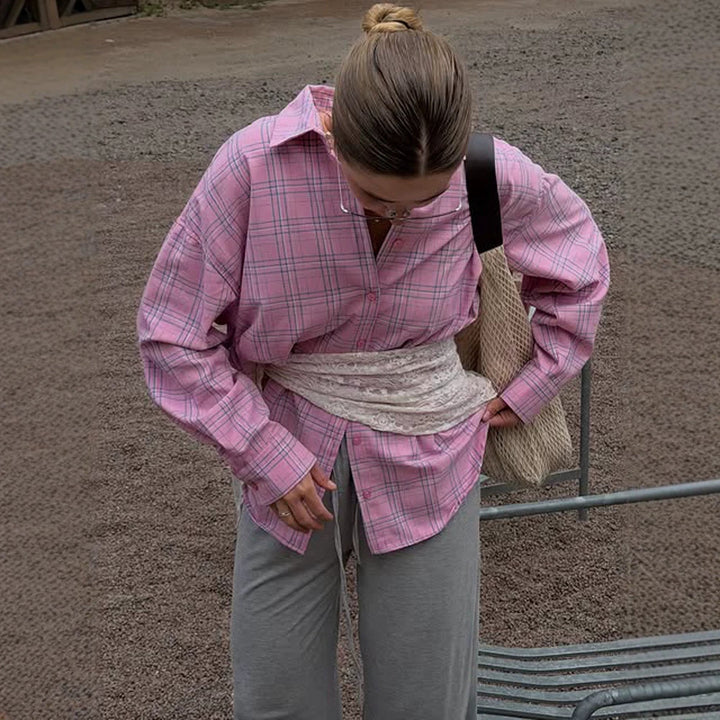 Women's Oversize checkered linen look blouse with shirt collar, full button placket & casual silhouette Amarae