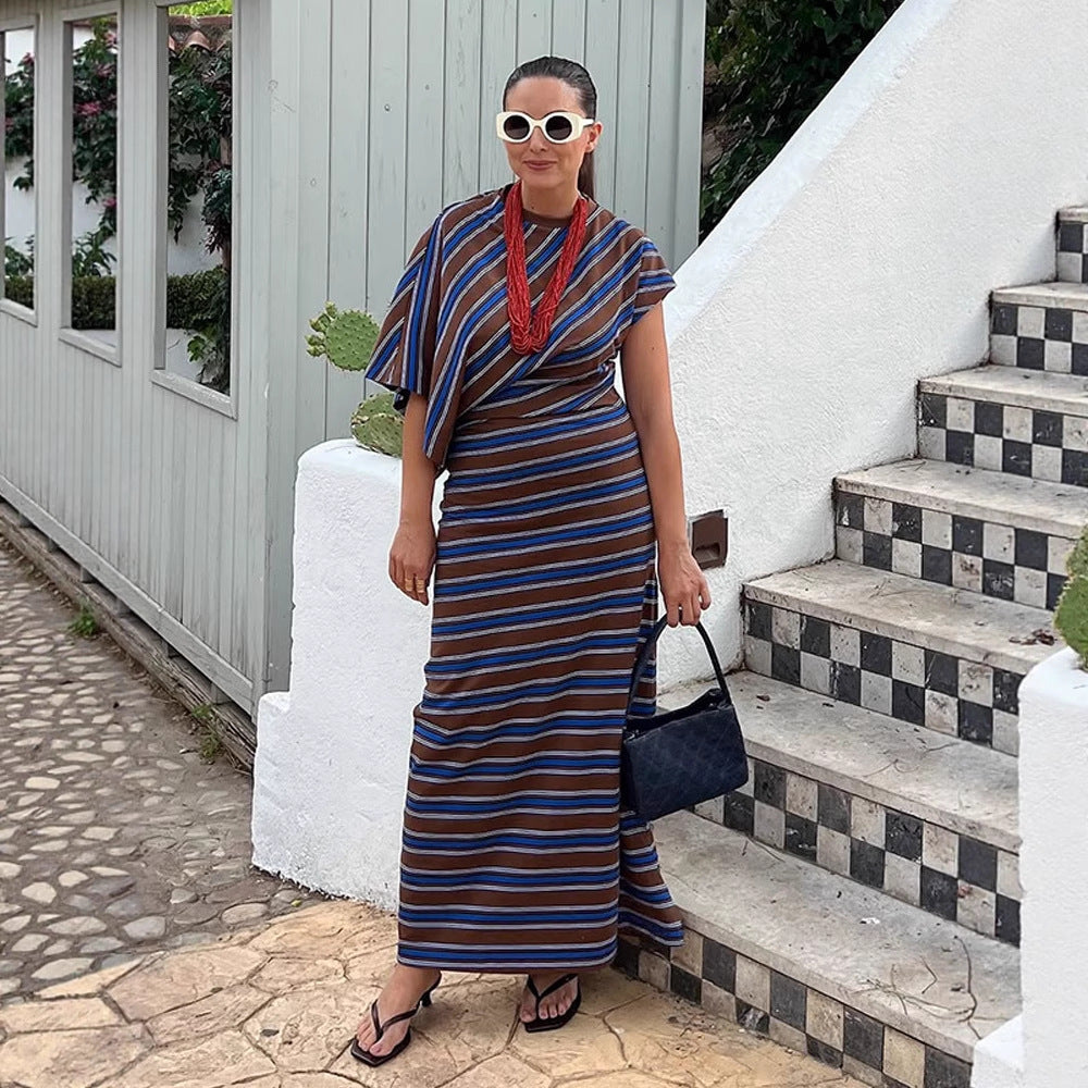 Women's Striped Maxi Dress with Asymmetrical Cape Sleeves & Tailored Silhouette Amarae