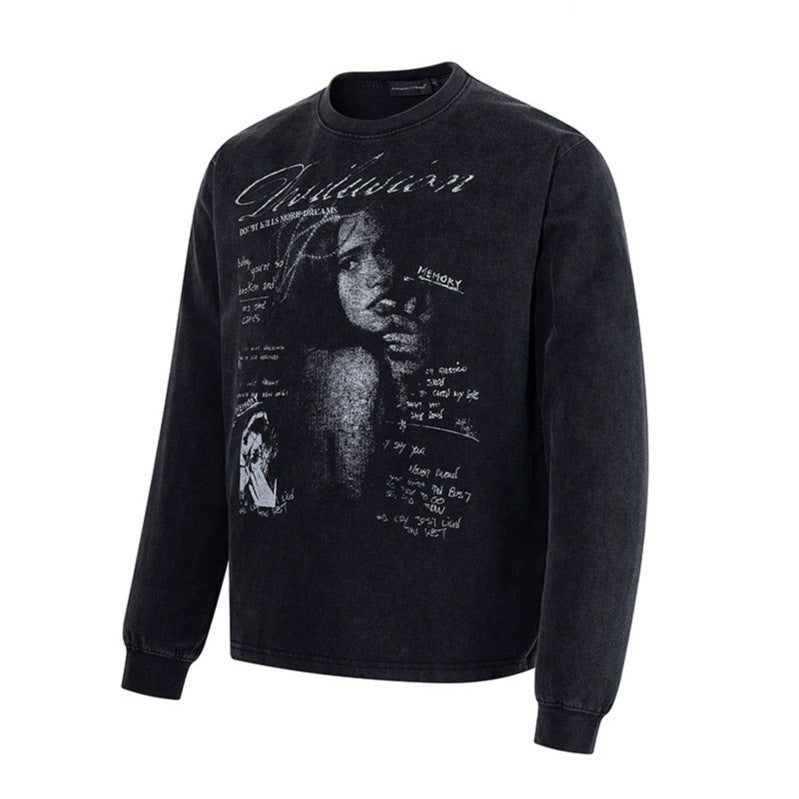 Men's Longsleeve with Vintage Girl Graphic and Used Wash Amarae