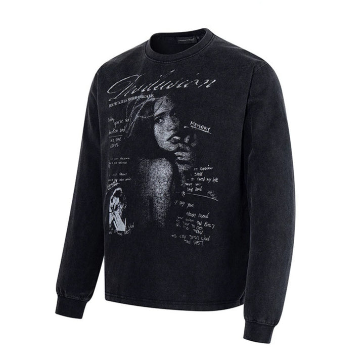 Men's Longsleeve with Vintage Girl Graphic and Used Wash Amarae